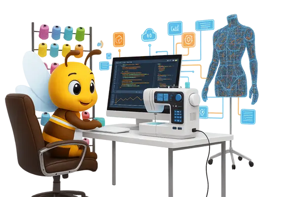 Illustrazione di un programmatore che cuce codice 'su misura'.